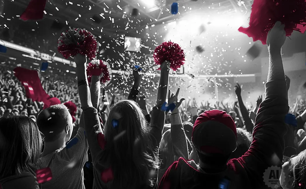 A crowd cheers at a concert with red and blue confetti raining down.