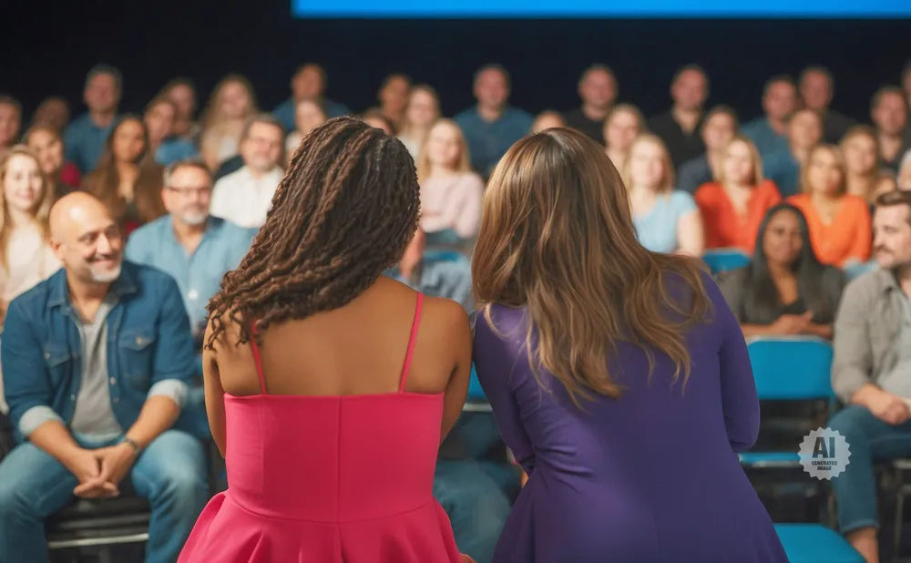 Two women in dresses face away from camera, sitting in an audience.