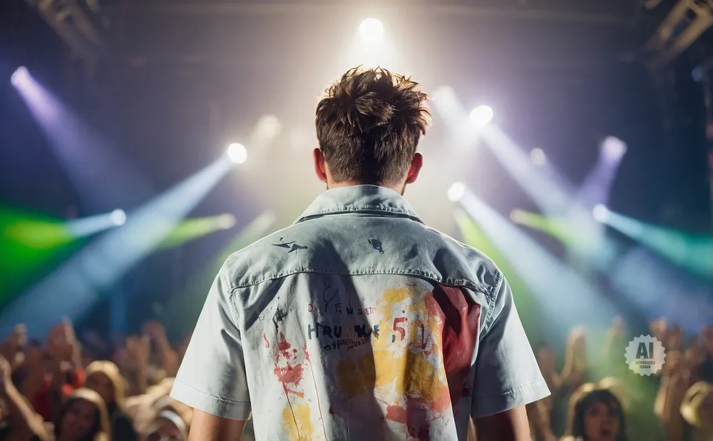 A man with his back to the camera stands on a stage, facing a cheering crowd under bright spotlights.