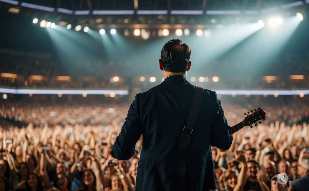 A musician in a suit plays guitar on a brightly lit stage for a large, cheering crowd.