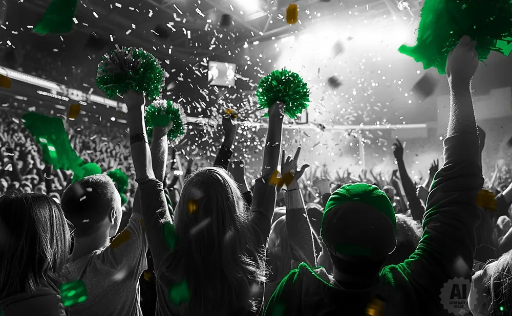 A crowd cheers with green pom-poms and confetti as green banners fly, with a bright light in the background.