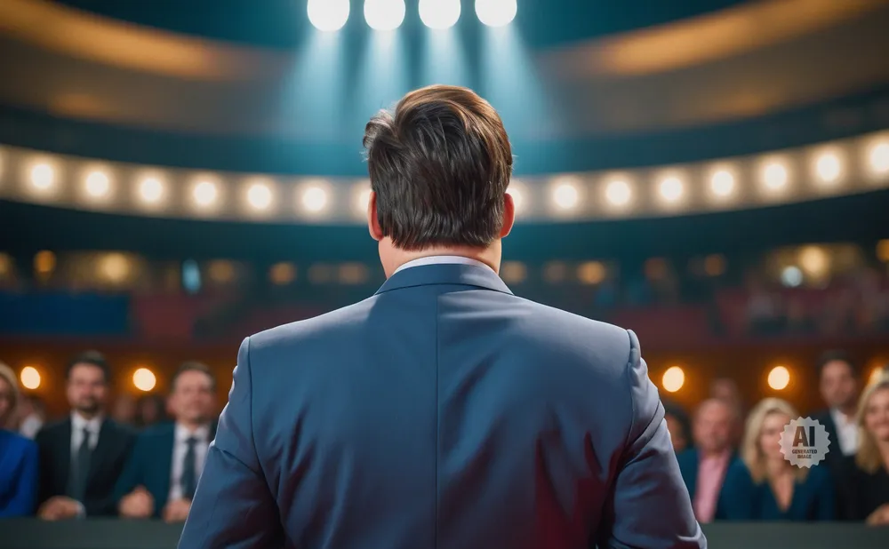 Back view of a man in a suit speaking to an audience under spotlights.