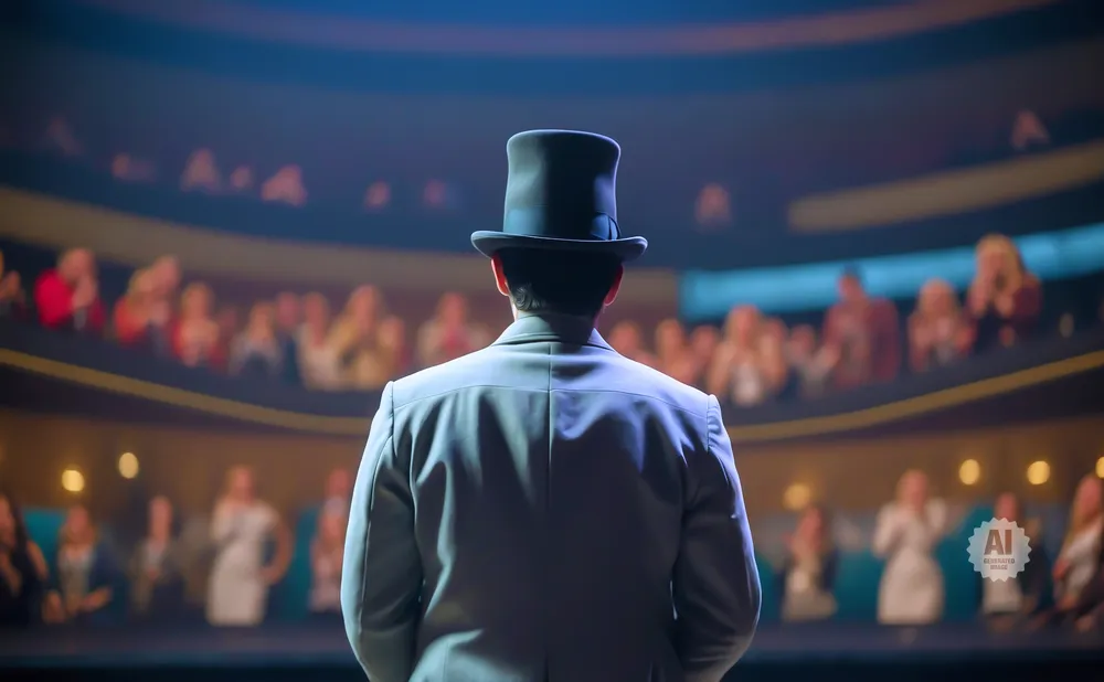 Man in top hat and suit faces audience from a stage.