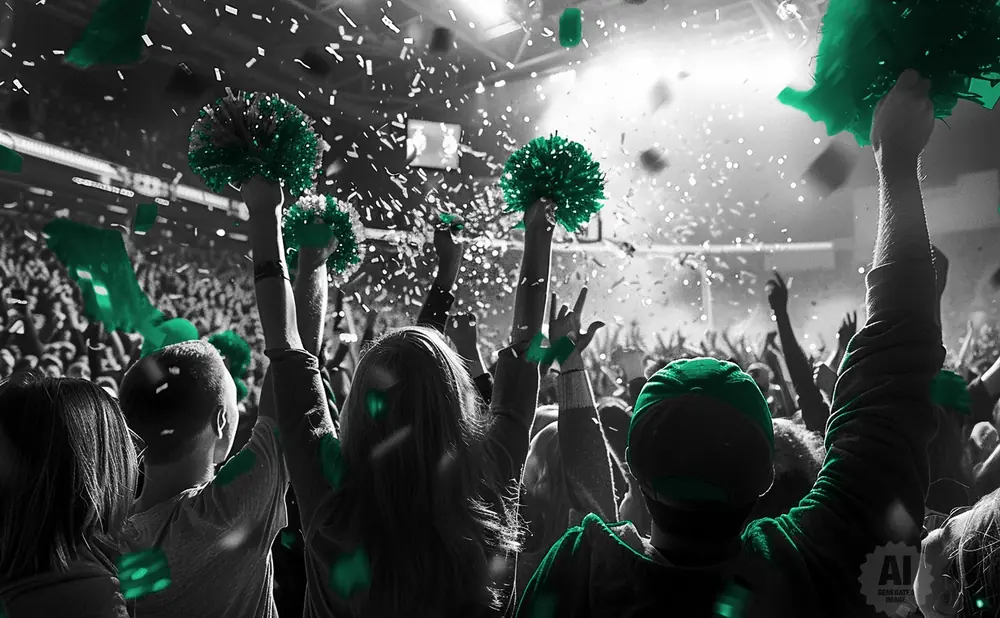A crowd cheers with green pom-poms and confetti during a concert or sporting event.
