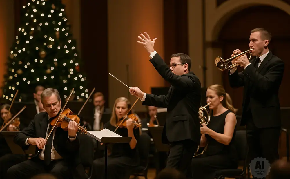 Orchestra conductor leads musicians playing violins, trumpets, and horns in front of a Christmas tree.