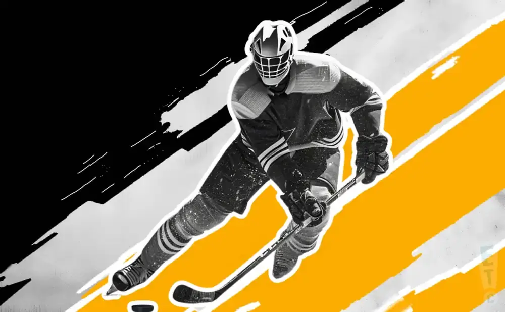 A black and white, stylized image of a hockey player in motion, with bright yellow graphic elements.