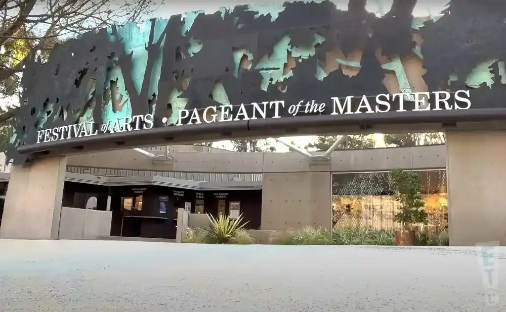 Festival of Arts Pageant of the Masters sign above a building with ticket booths.