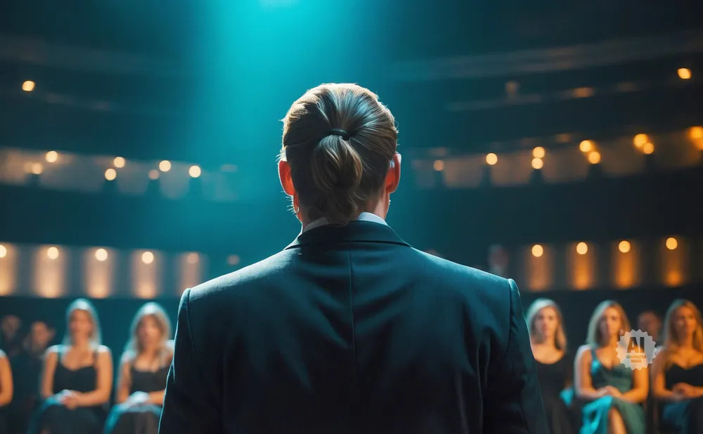 A person with their back to the camera, wearing a suit, stands before an audience in a dimly lit theater.