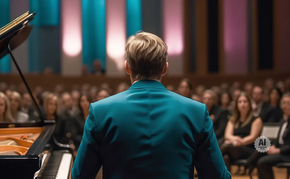 A man in a teal jacket faces away from the camera, standing before a grand piano and an audience in a concert hall.