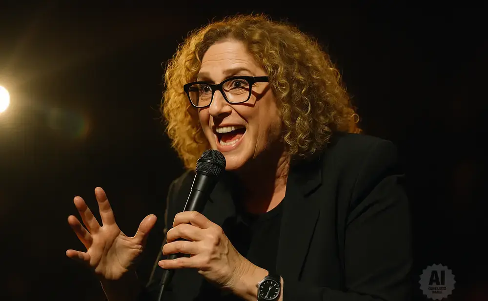 A woman with curly hair and glasses holds a microphone and gestures with her hand.