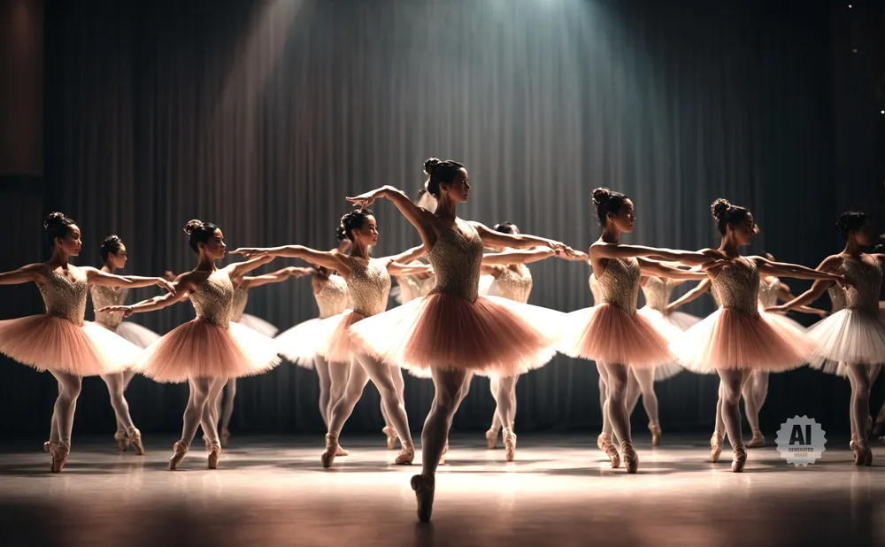 Ballerinas in pink tutus perform on stage under spotlights, with a dark curtain behind them.