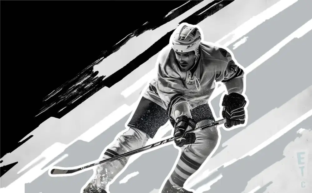 A black and white image of a hockey player in mid-action, with stylized brush strokes in the background.
