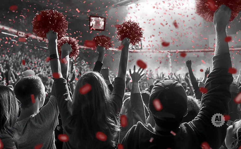 Crowd at a concert or sporting event with red confetti and pom-poms in the air.