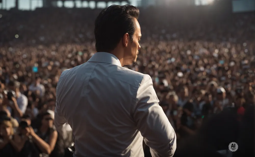 Man in a white suit on stage addressing a large crowd at a concert.
