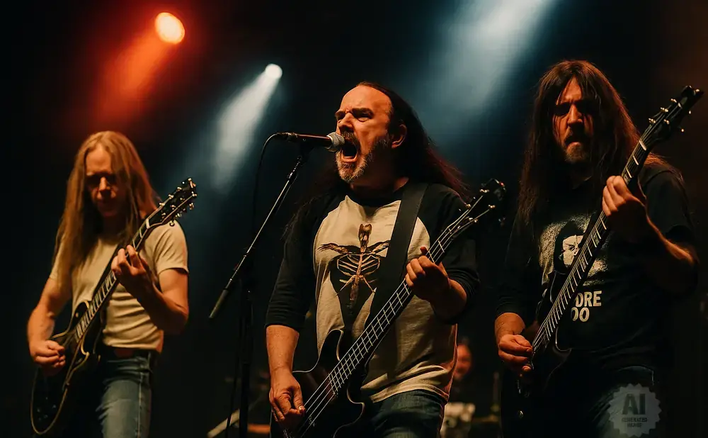 A heavy metal band performs on stage, with three guitarists in the foreground.