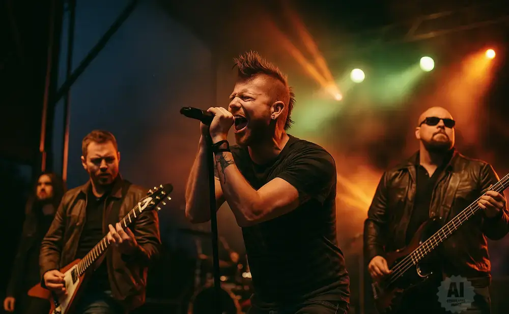 A rock band performs on stage, with a lead singer belting into a microphone, a guitarist, and a bassist.
