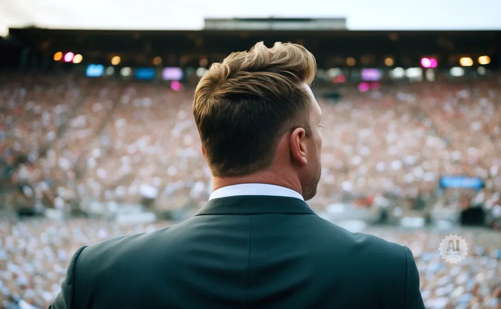 Man in a suit facing away from the camera, looking at a large, blurred crowd in a stadium.