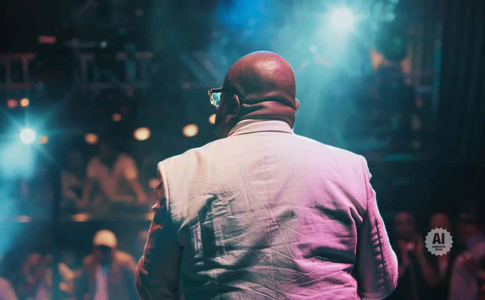Man with bald head wearing a light-colored jacket stands facing away from the camera on a stage with bright lights and a blurred audience.