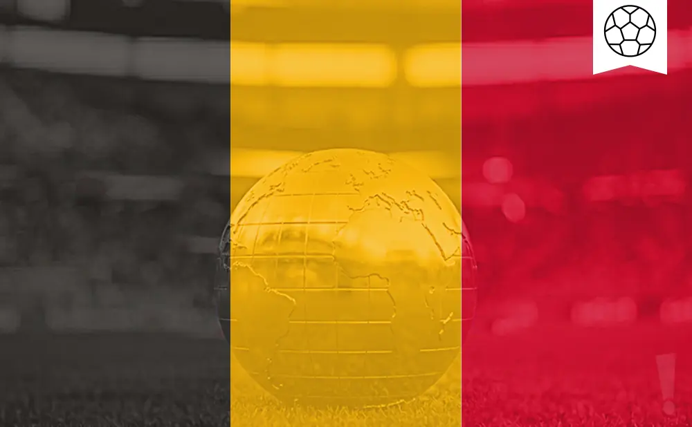 A globe of Earth is superimposed on the Belgian flag with a soccer ball icon in the top right.