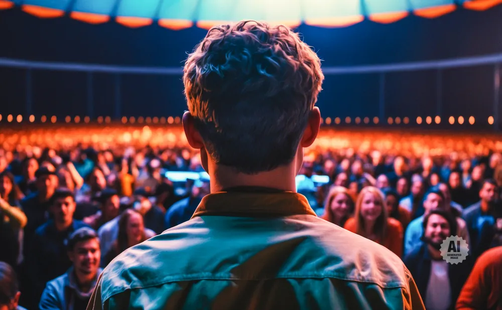A person faces away from the camera at a concert, looking out at a blurred, excited crowd.