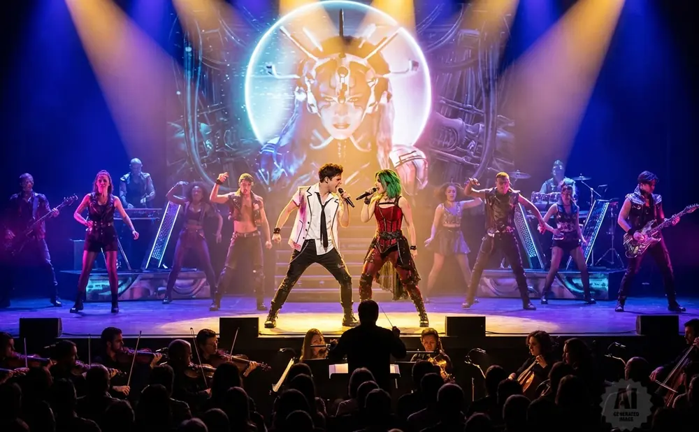 A band performs on stage with an orchestra in the foreground.