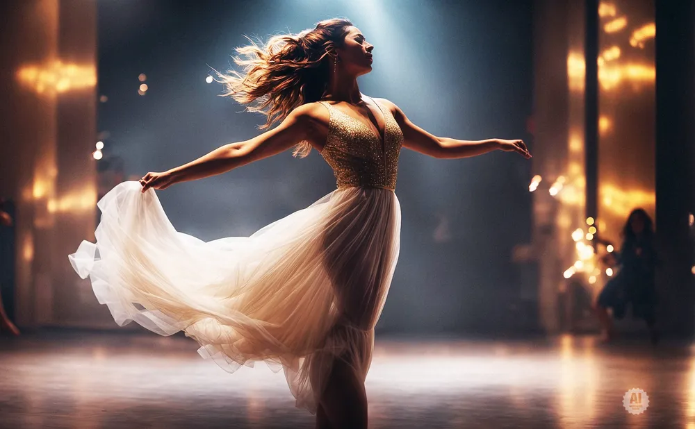 A ballerina in a flowing white dress spins on a stage, illuminated by spotlights.