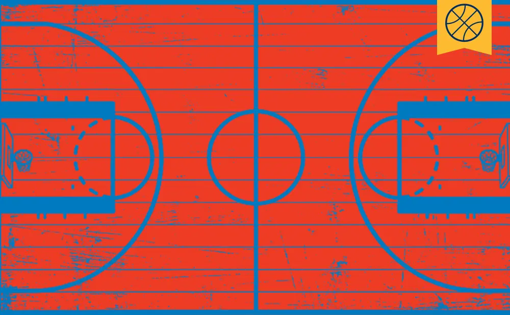 Basketball court graphic with red wood-grain background and blue lines.