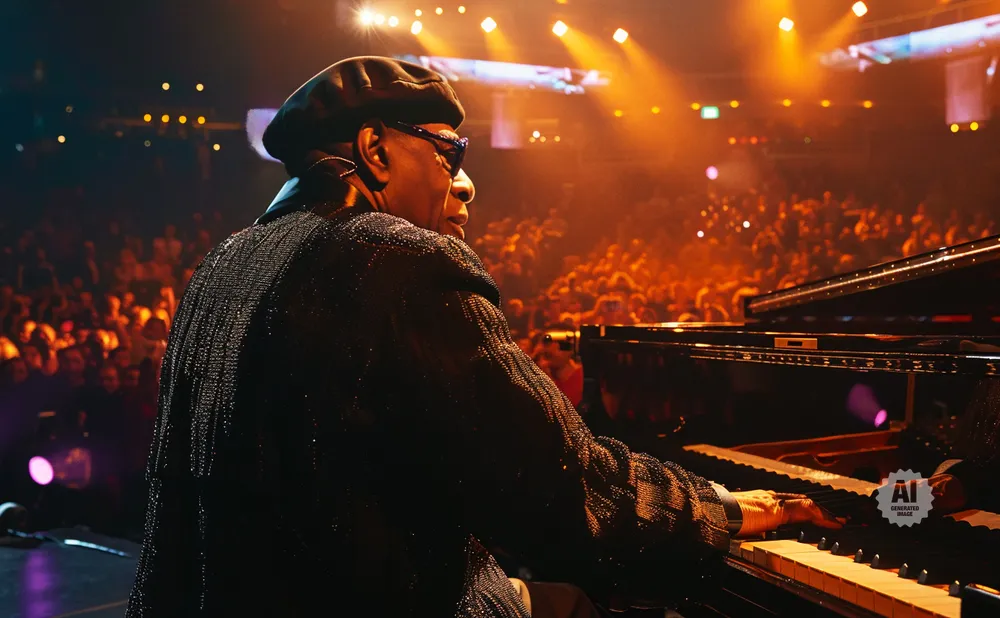 A Black man in a sparkling suit and cap plays piano on a stage with a cheering audience in the background.