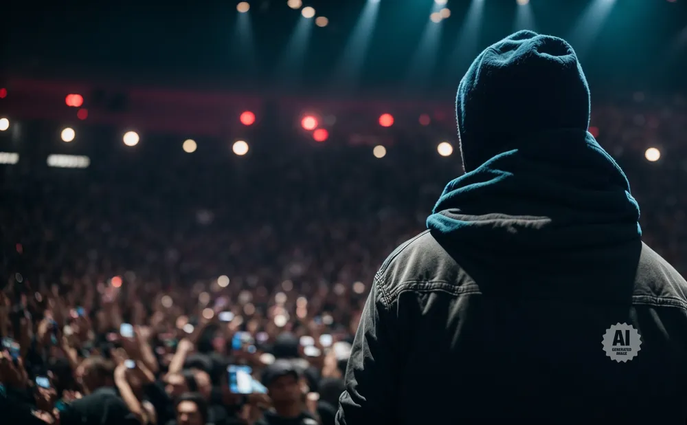 Person in a hoodie facing a large, cheering crowd at a concert.