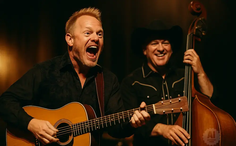 Two men play music: one sings and plays guitar, the other plays upright bass.