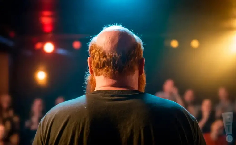 Back view of a bald man with red hair and beard on a stage, illuminated by stage lights.