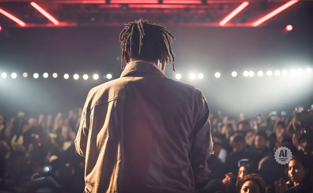 A person with dreadlocks on a stage faces a large, blurred audience under bright stage lights.