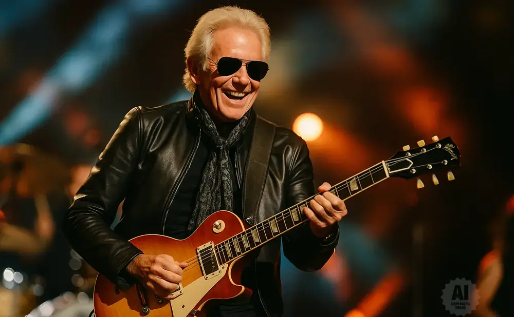 A smiling man with white hair wears sunglasses and a leather jacket, playing a red electric guitar on stage.