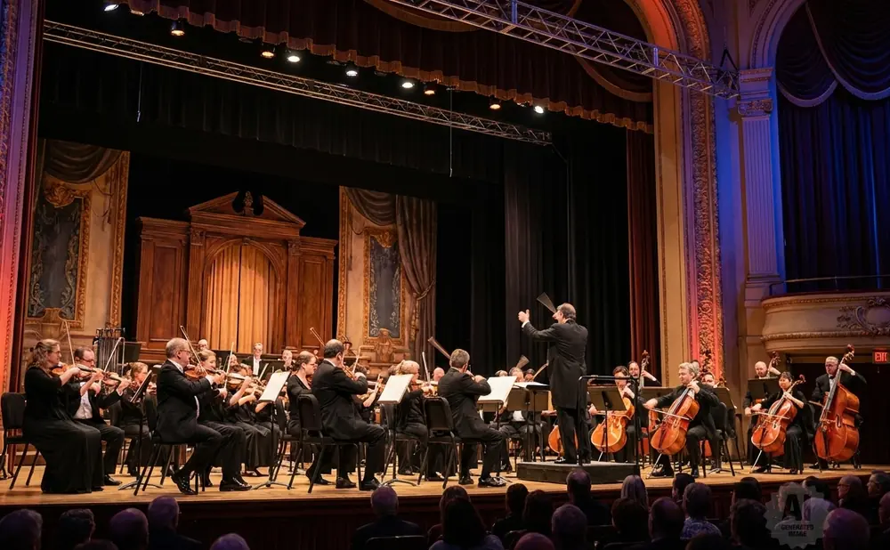 An orchestra plays a concert, with a conductor directing from a raised podium.