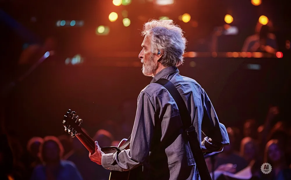 Guitarist playing on stage with blurred audience and warm lighting.