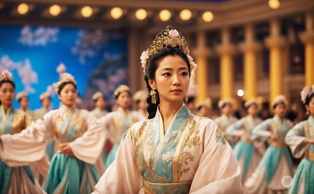 A woman in traditional Chinese attire, with others in the background.