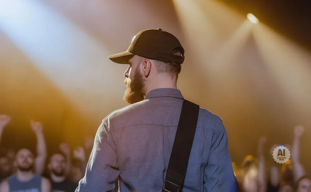 A bearded man in a baseball cap and blue shirt plays a guitar on stage, with a blurred audience in the background.