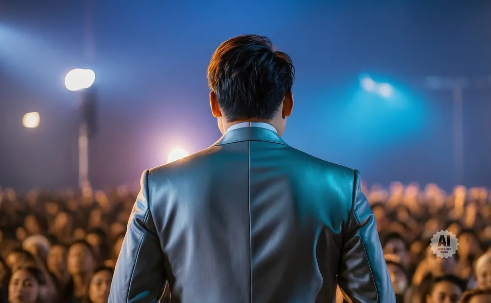 Man in a suit on stage facing a crowd, illuminated by stage lights.