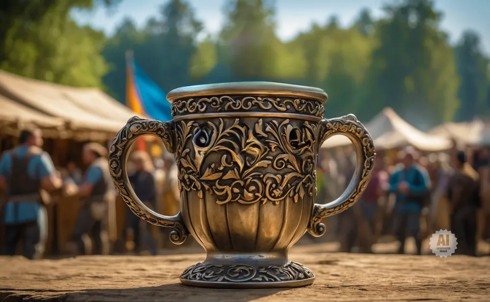 A detailed ornate trophy sits on a wooden surface at an outdoor festival.