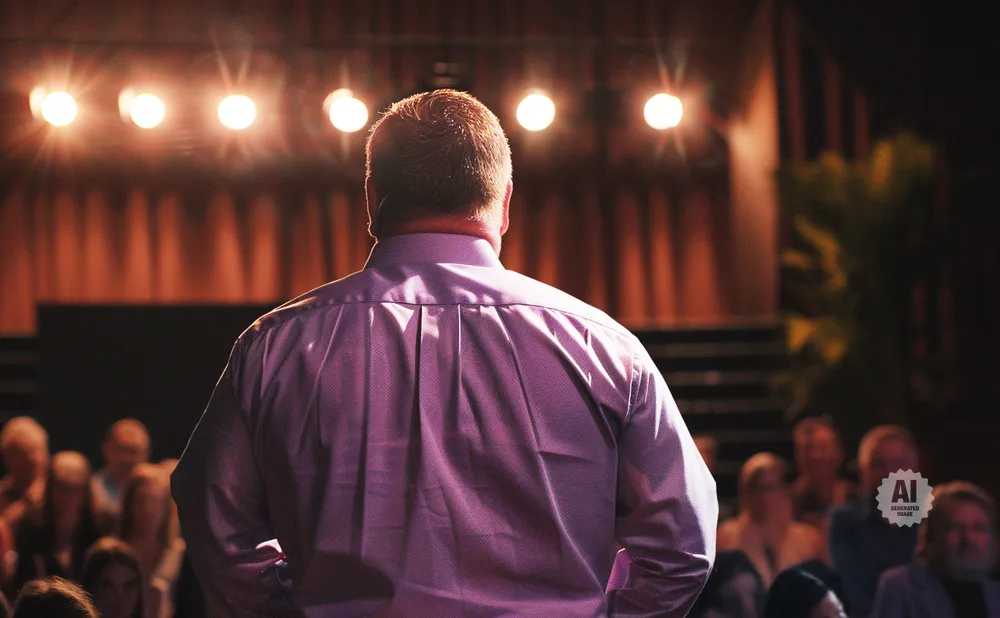 Man in a purple shirt facing away from the camera on a stage with spotlights and an audience.