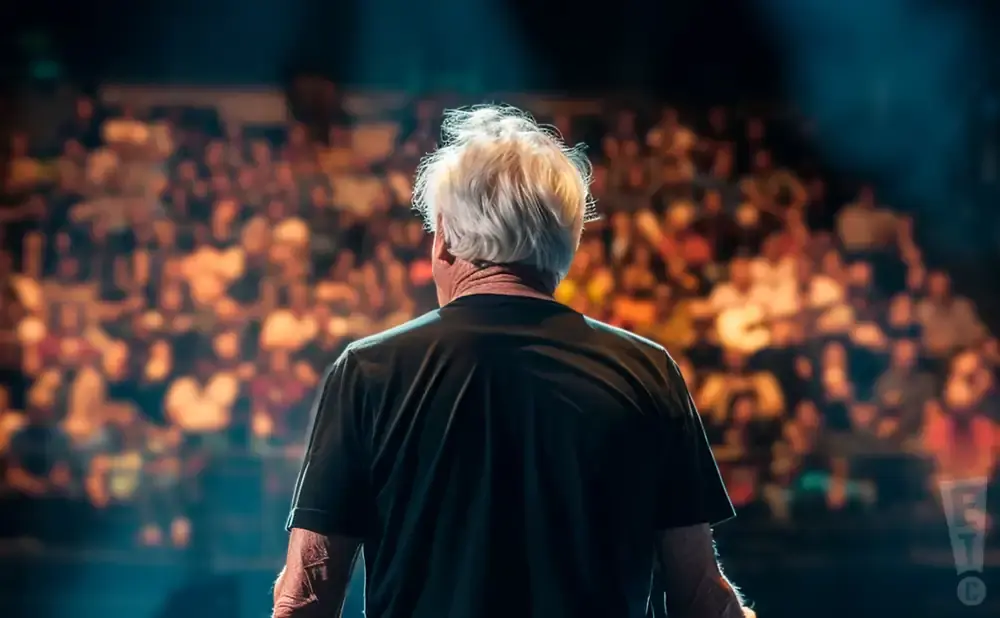 Man with white hair facing away from camera on stage, with blurred audience in background.