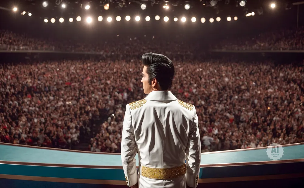 Elvis Presley stands on stage, facing a massive cheering crowd in a stadium, bathed in stage lights.