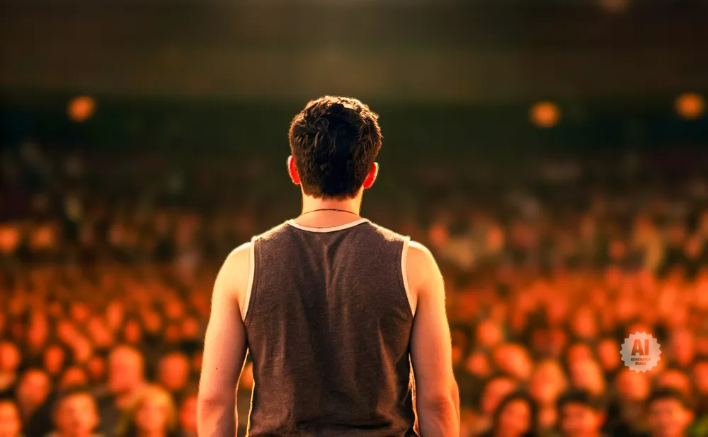 A man in a tank top stands with his back to the camera, facing a blurred, cheering crowd.