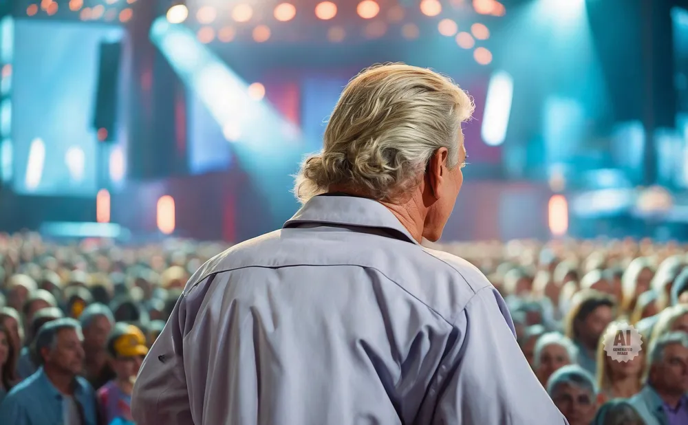 A man with gray, wavy hair addresses a large, blurred audience on a stage with bright lights.