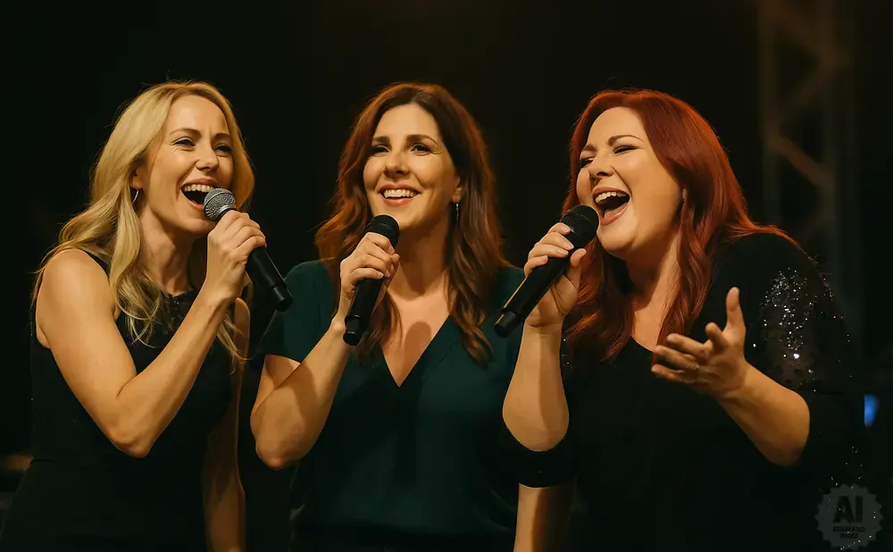 Three women singing into microphones on stage.