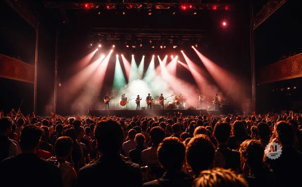 A band plays on a smoke-filled stage to a cheering crowd at a concert.