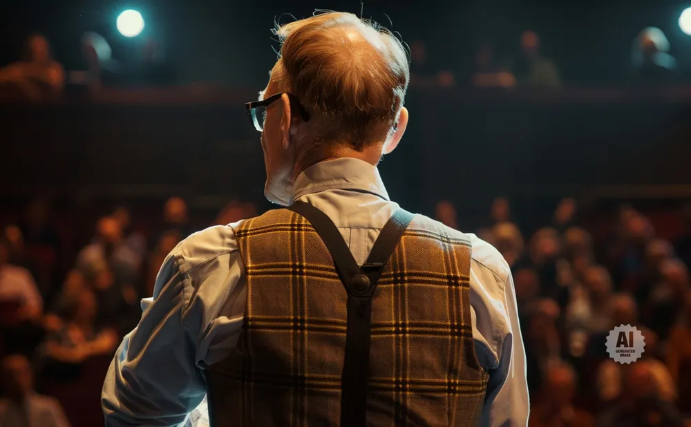 Man in glasses and plaid vest facing away from camera, on stage in front of an audience.