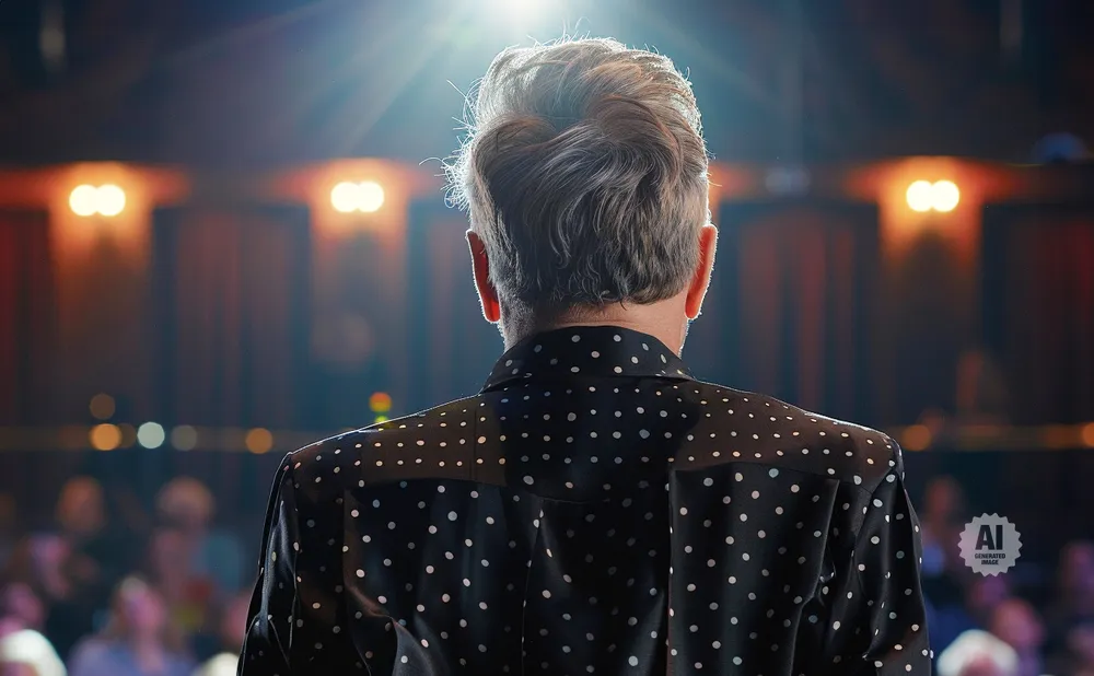 Person in a black polka-dot shirt with gray hair, facing away from the camera, illuminated by stage lights.