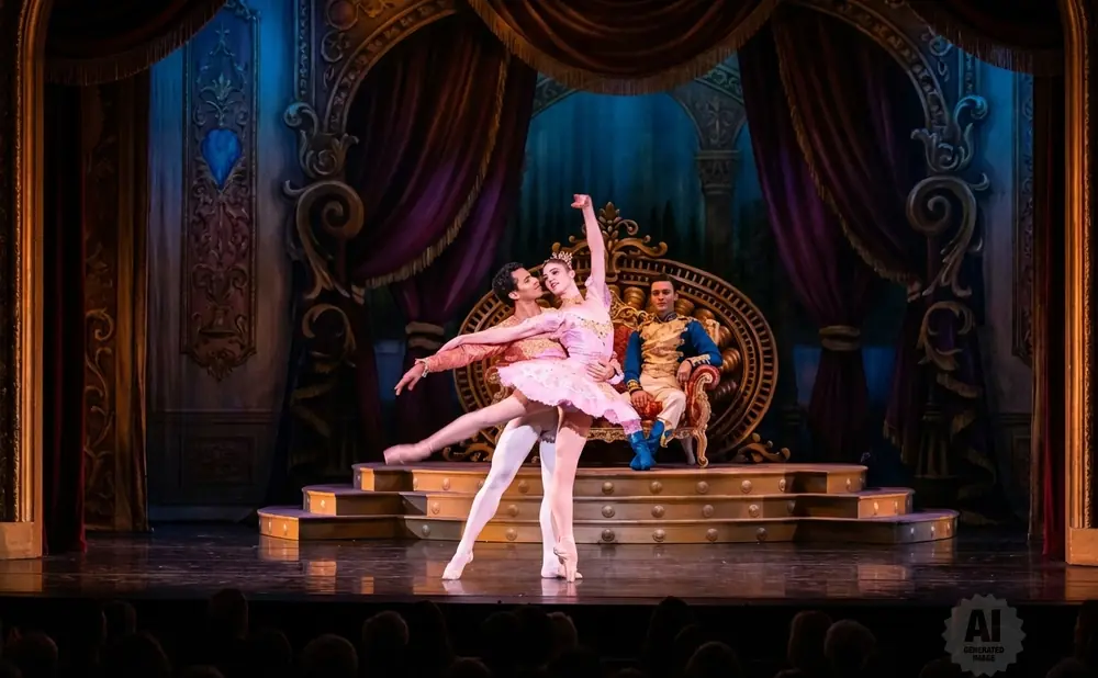 A ballet couple in pink and red performs on stage, with a prince in blue seated on a throne.