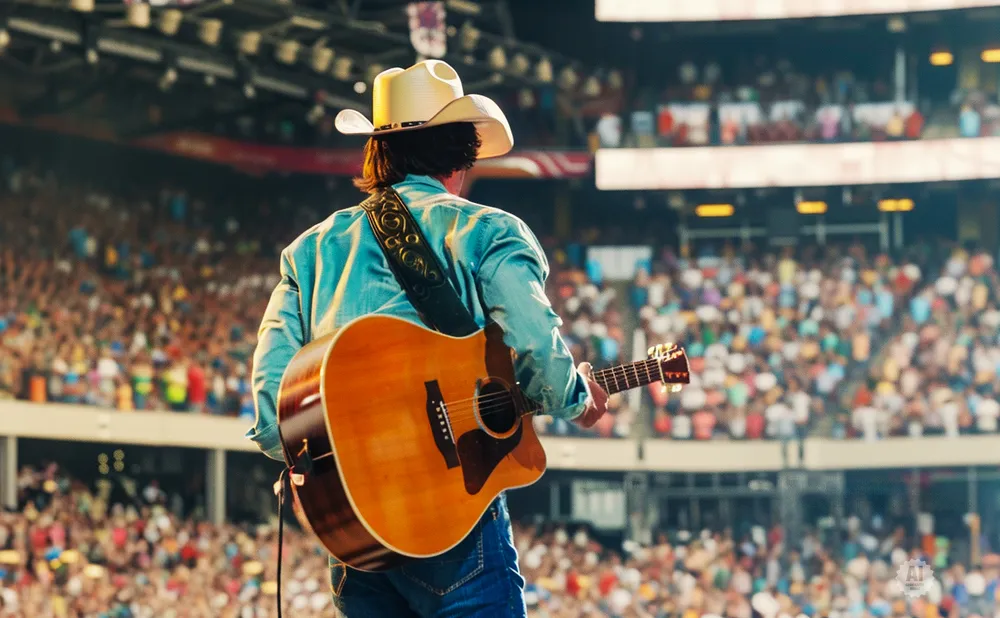 A man in a cowboy hat plays an acoustic guitar on stage in front of a large, blurred audience.